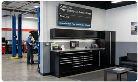 Auto repair shop with digital job status and wait time display