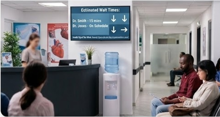 Healthcare waiting room with digital wait time display