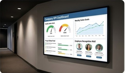 Corporate office KPI dashboard on digital display